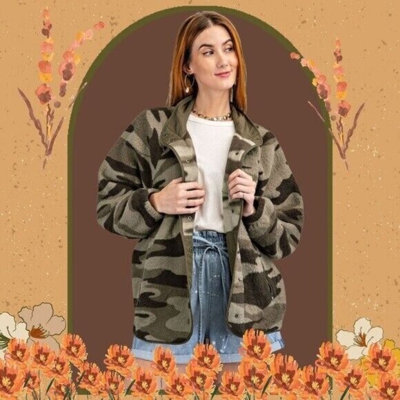 EASEL SUPER Soft & Cozy Camo Print Lined Fleece Jacket Snap Closure Side Pockets - Picture 10 of 15